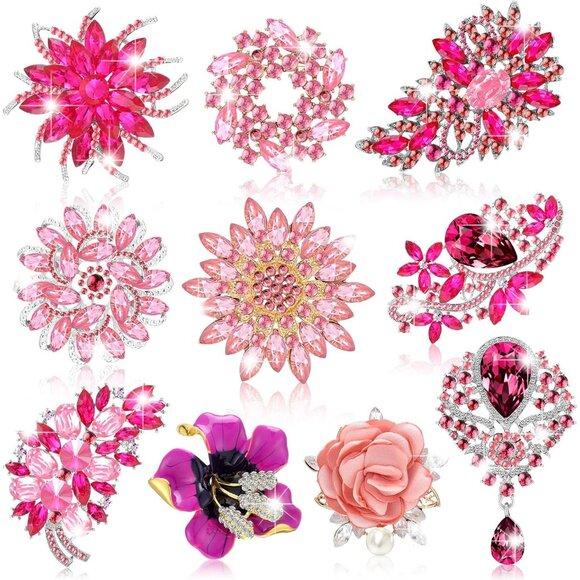 10 Pcs Pink Rhinestone Bouquet Brooch Pins for Women Elegant & Versatile